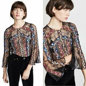 New L’agence Larue Embroidered Lace Sheer Blouse Bell Sleeve